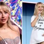 Sabrina Carpenter smiling on the red carpet in a glamorous outfit